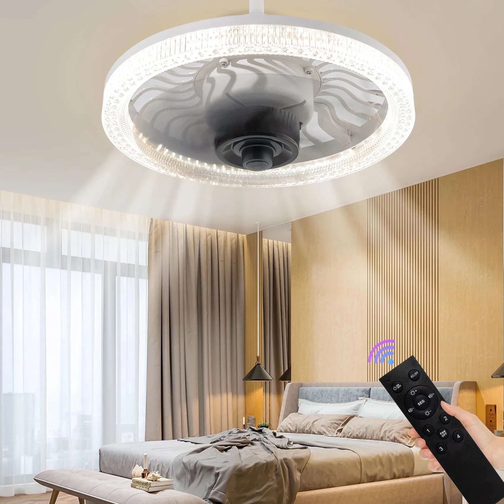 Smart Bulb - พัดลมเพดาน LED อัจฉริยะ พร้อมรีโมทคอนโทรล ปรับความสว่างได้ ขั้วหลอดไฟ