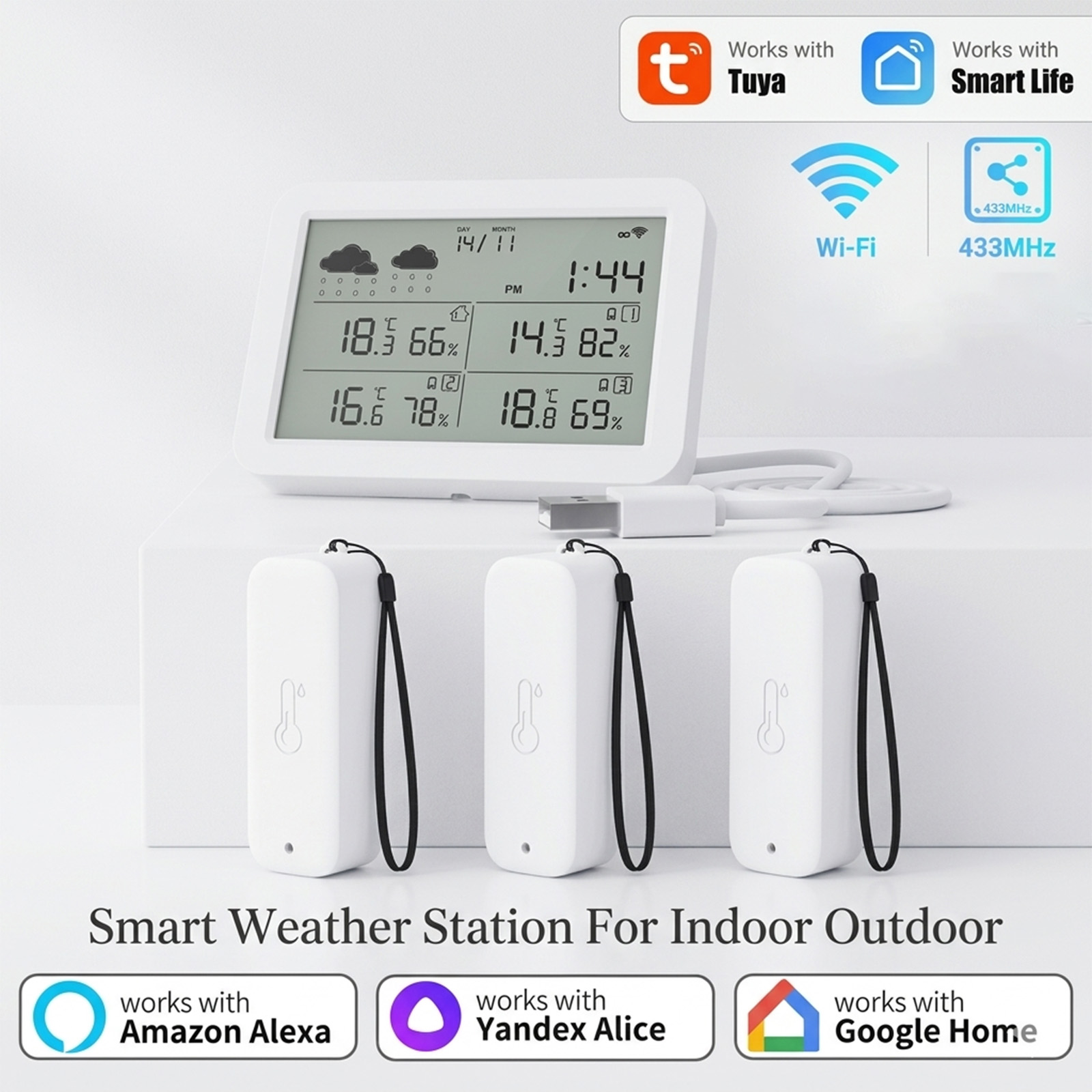 Smart Home Elements - สถานีตรวจอากาศ Tuya WiFi+RF433, สมาร์ทโฮมในร่มและกลางแจ้ง, เซ็นเซอร์วัดอุณหภูมิและความชื้นพร้อมนาฬิกา, กันน้ำระดับ