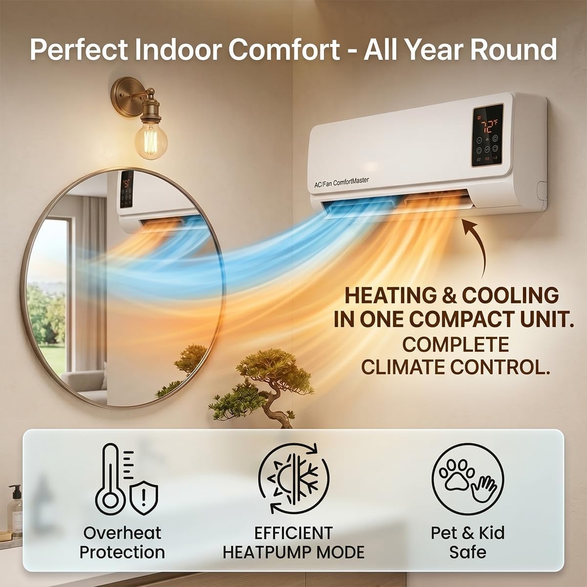 Smart Bathroom Fan - เครื่องปรับอากาศและเครื่องทำความร้อนติดผนัง 1800W แบบ 2-in-1, เครื่องปรับอากาศแบบพกพาติดผนังไม่ต้องใช้ท่อ, เครื่องทำความร้อนอัจฉริยะเงียบพร้อมตัวตั้งเวลา