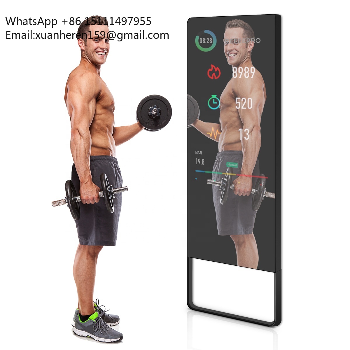 Smart Home Gym Mirror - กระจกออกกำลังกายอัจฉริยะแบบตั้งพื้นพร้อมหน้าจอสัมผัส LCD แสดงผล AI สำหรับการฝึกความแข็งแรงที่บ้าน